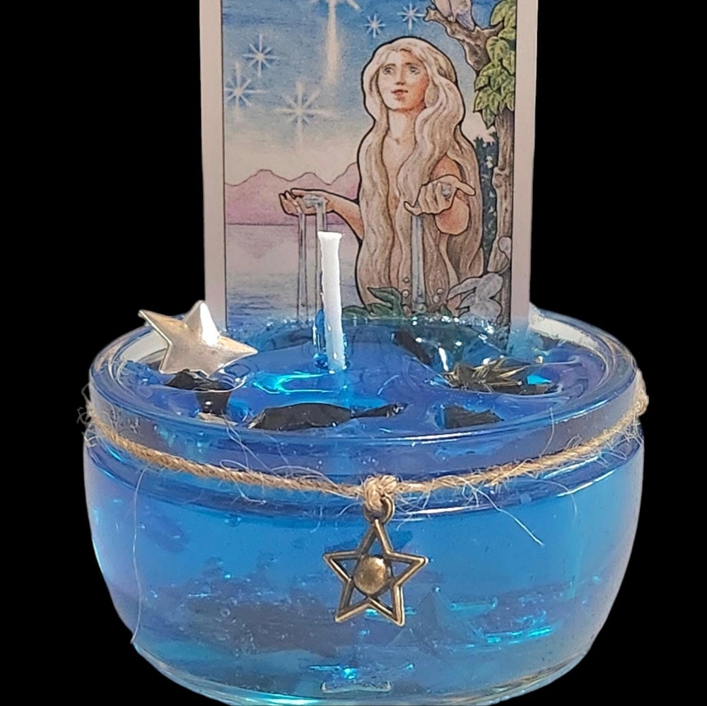 Star Tarot Card Gel Candle w/Raw Obsidian and Star Charms